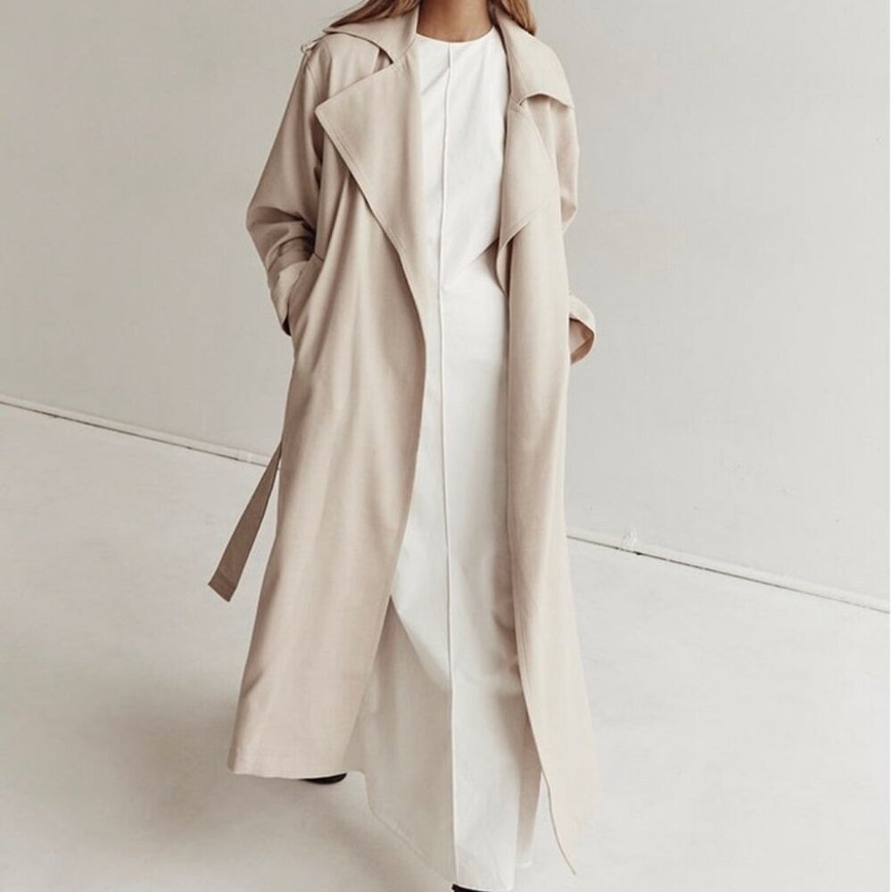 Dissh NEW Jamie Stone Beige Full length Relaxed belted Luxury Trench, sz 16